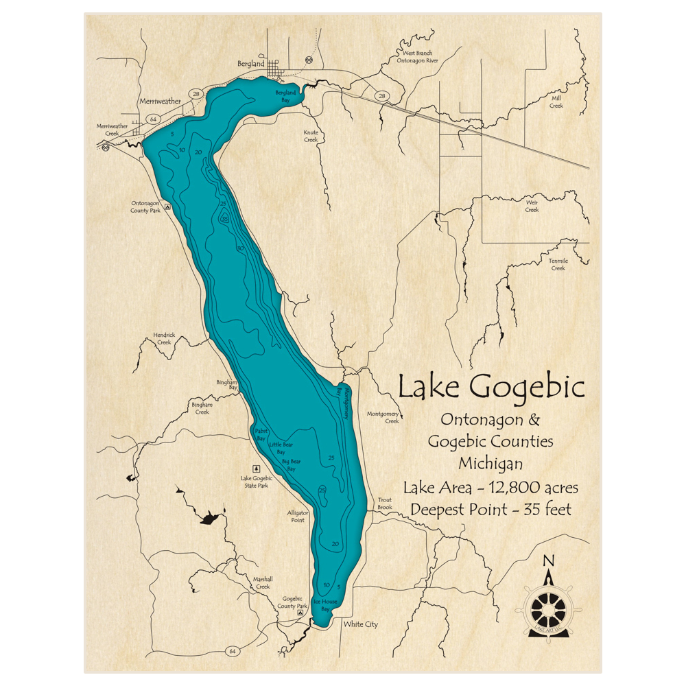 Bathymetric topo map of Lake Gogebic with roads, towns and depths noted in blue water
