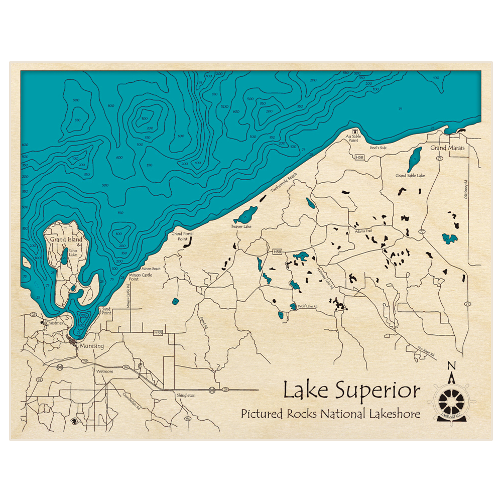 Bathymetric topo map of Pictured Rocks National Lake Shore (Grand Island to Grand Marais) with roads, towns and depths noted in blue water
