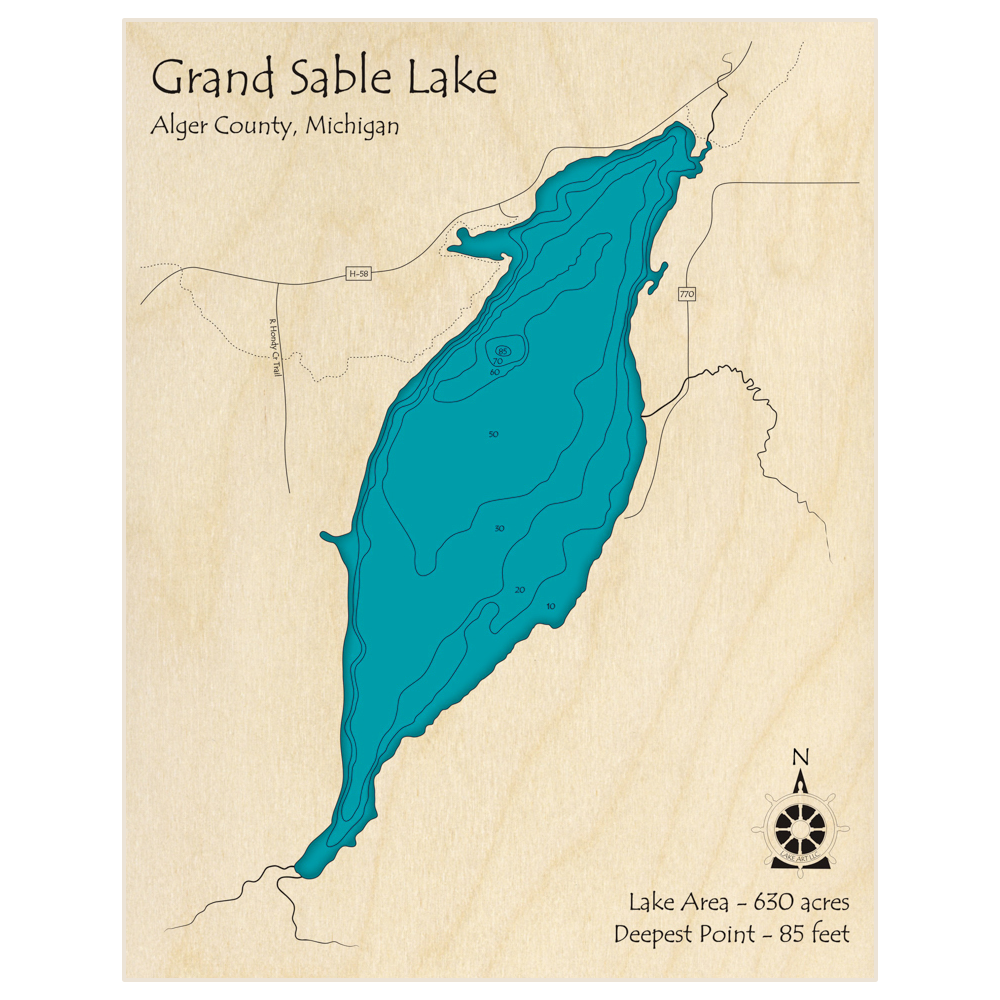 Bathymetric topo map of Grand Sable Lake with roads, towns and depths noted in blue water
