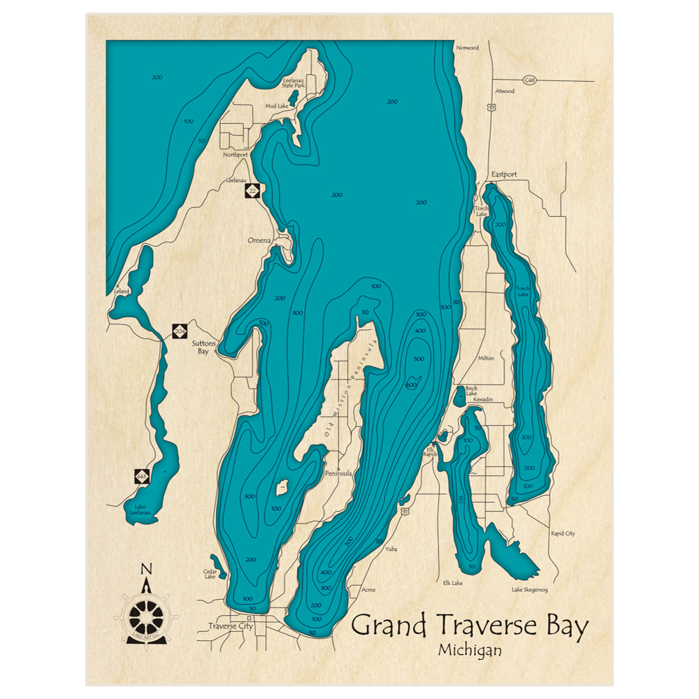 Bathymetric topo map of Grand Traverse Bay with roads, towns and depths noted in blue water