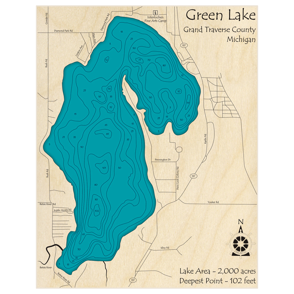 Bathymetric topo map of Green Lake with roads, towns and depths noted in blue water