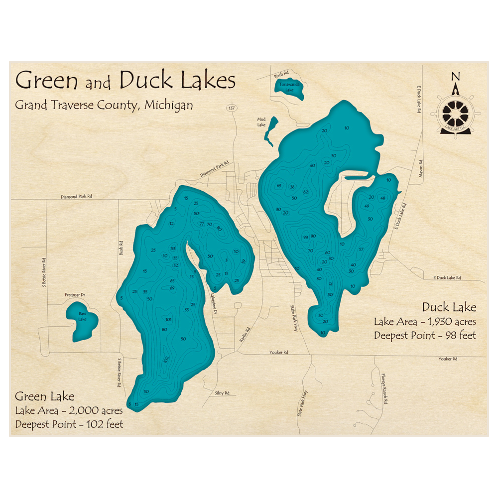 Bathymetric topo map of Green Lake (With Duck Lake) with roads, towns and depths noted in blue water