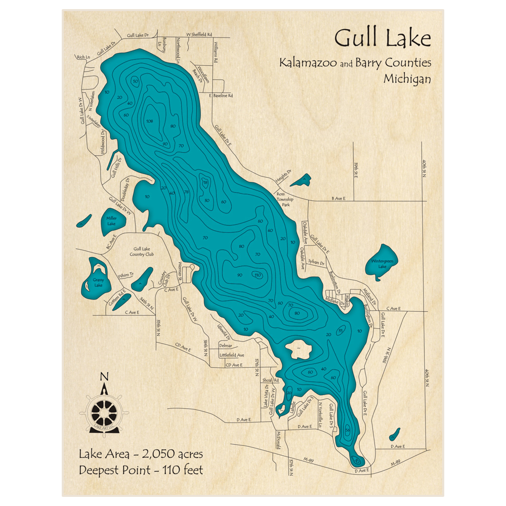 Bathymetric topo map of Gull Lake with roads, towns and depths noted in blue water