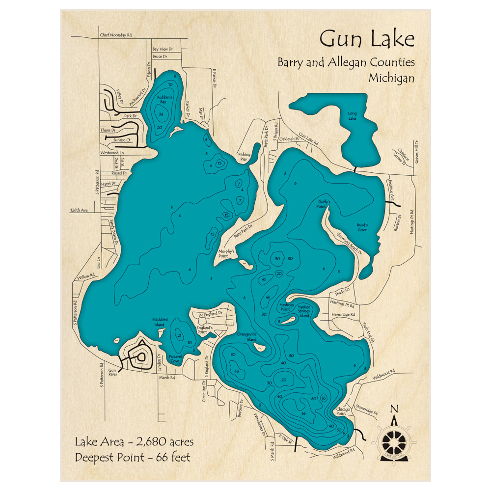 Bathymetric topo map of Gun Lake with roads, towns and depths noted in blue water