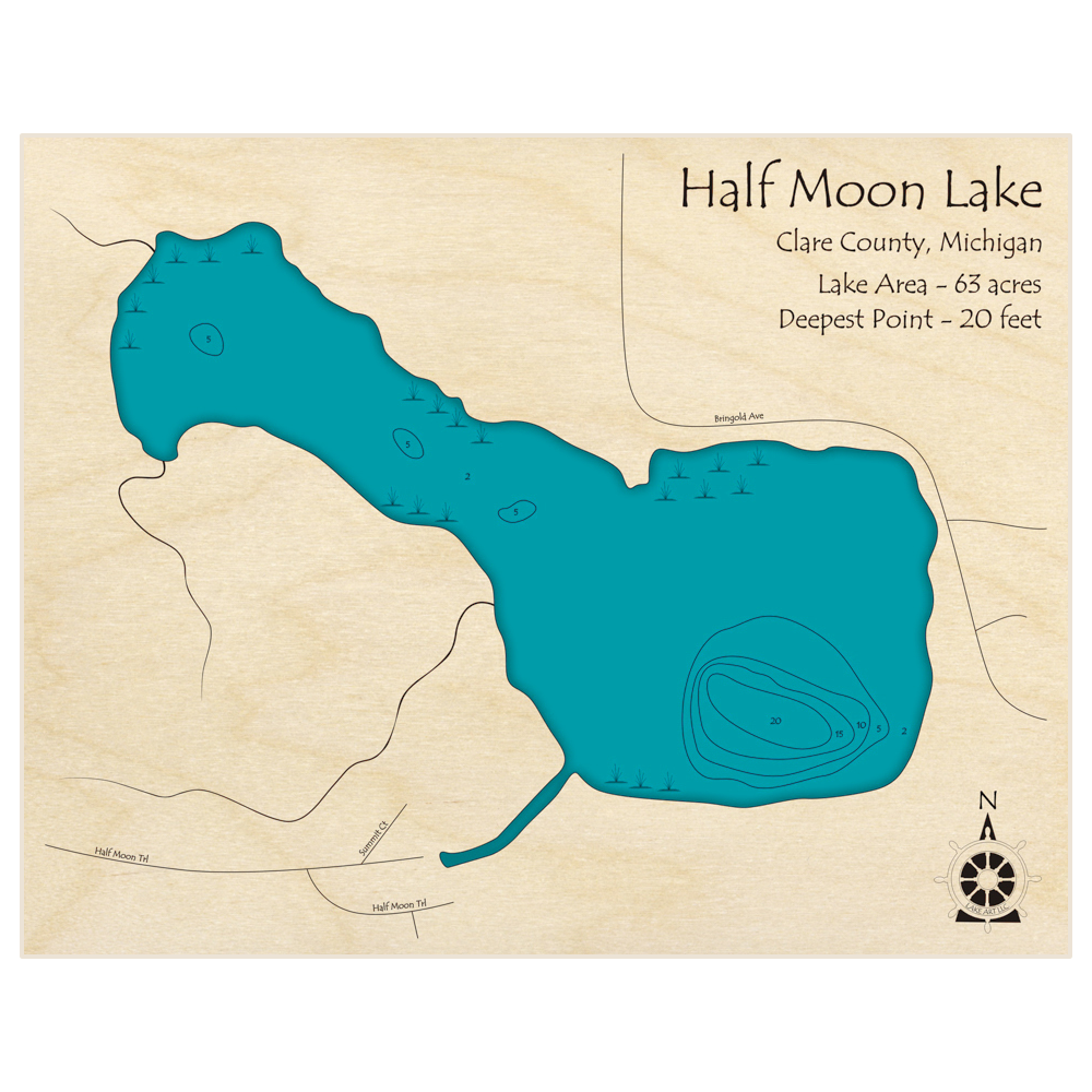 Bathymetric topo map of Half Moon Lake with roads, towns and depths noted in blue water