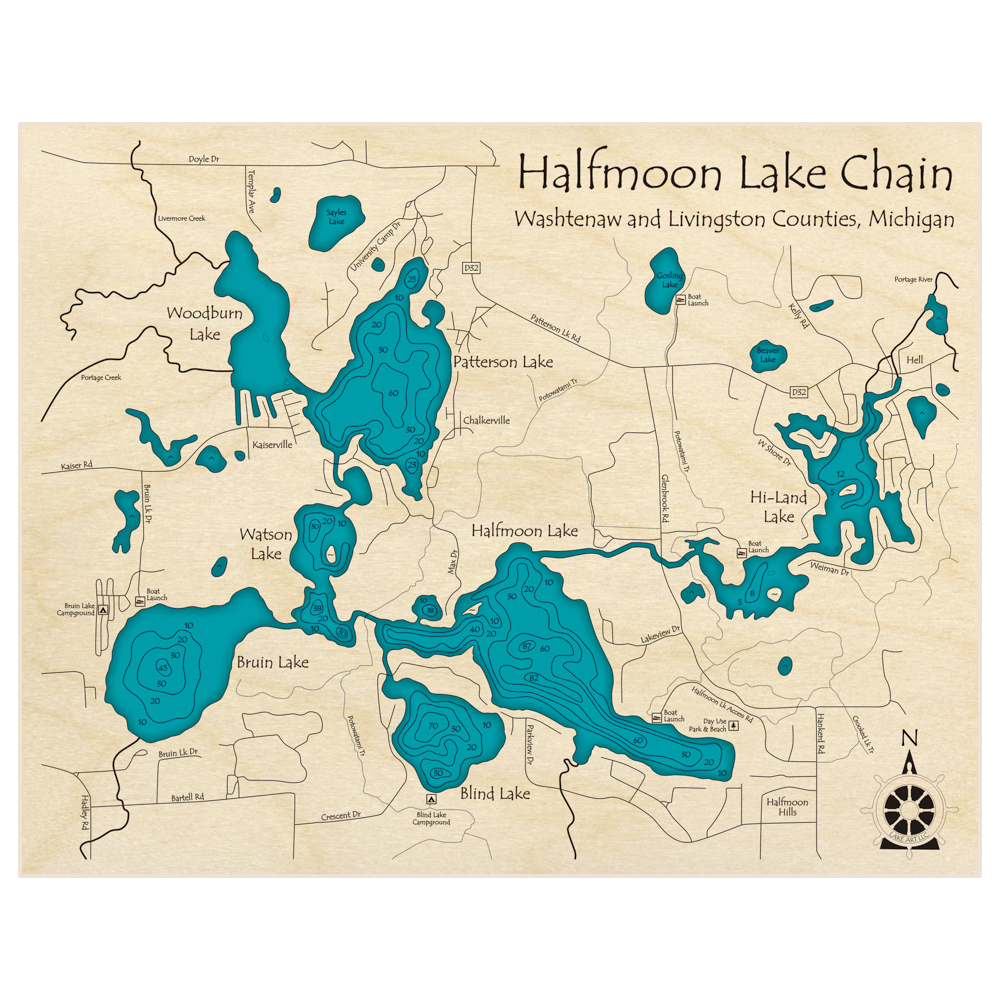 Bathymetric topo map of Halfmoon Lake Chain with roads, towns and depths noted in blue water