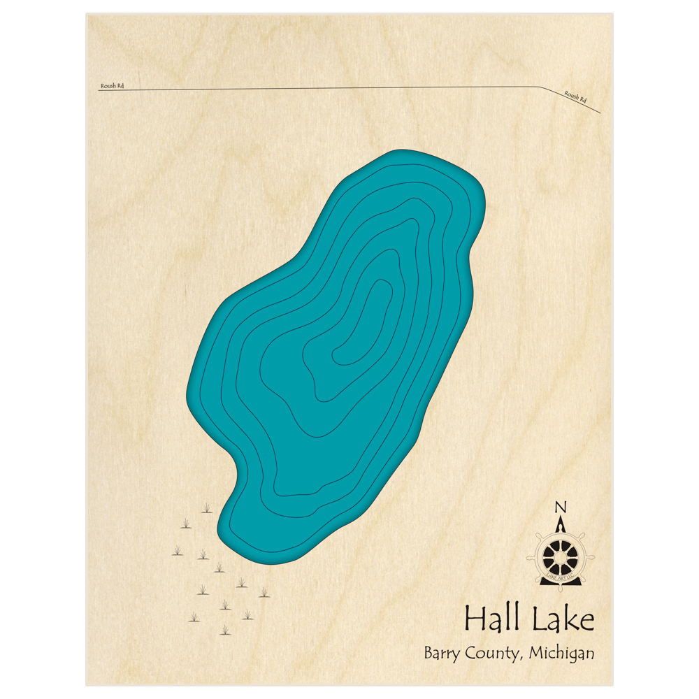 Bathymetric topo map of Hall Lake (near Thornapple Lake zip code 49058) with roads, towns and depths noted in blue water