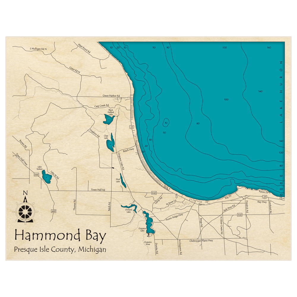 Bathymetric topo map of Hammond Bay with roads, towns and depths noted in blue water