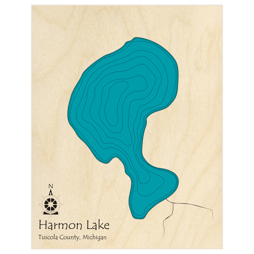 Bathymetric topo map of Harmon Lake  with roads, towns and depths noted in blue water