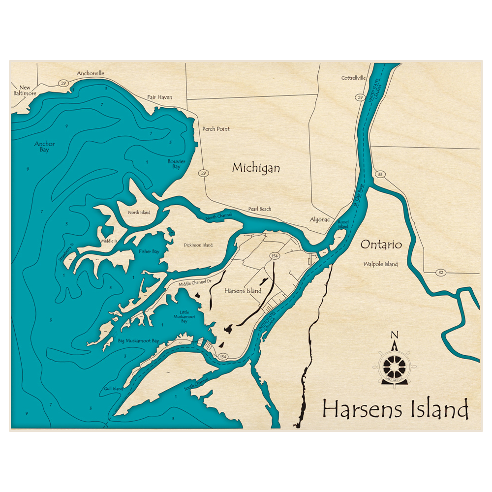 Bathymetric topo map of Harsens Island (on Lake St Clair) with roads, towns and depths noted in blue water