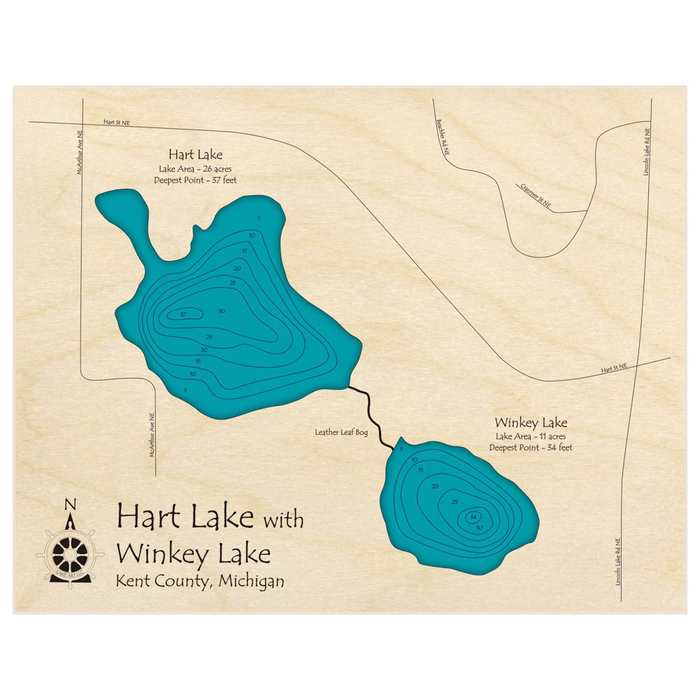 Bathymetric topo map of Hart Lake (With Winkey Lake) with roads, towns and depths noted in blue water