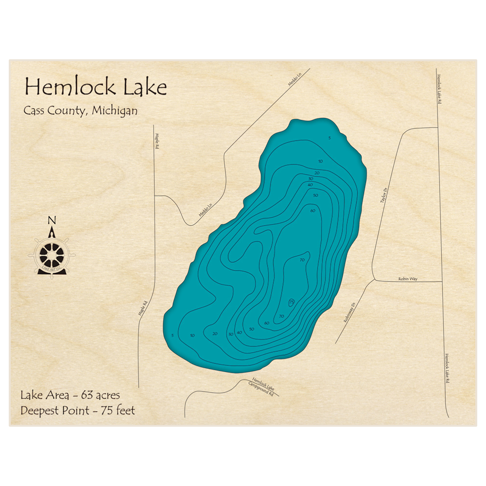 Bathymetric topo map of Hemlock Lake with roads, towns and depths noted in blue water