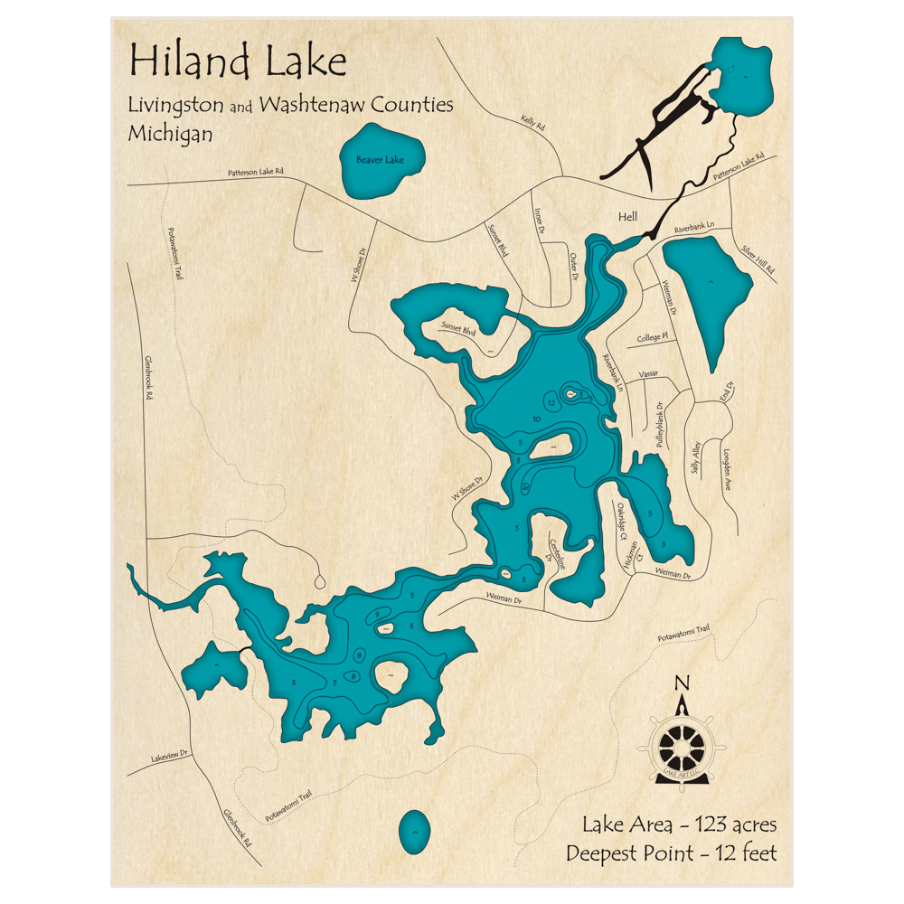 Bathymetric topo map of Hiland Lake with roads, towns and depths noted in blue water
