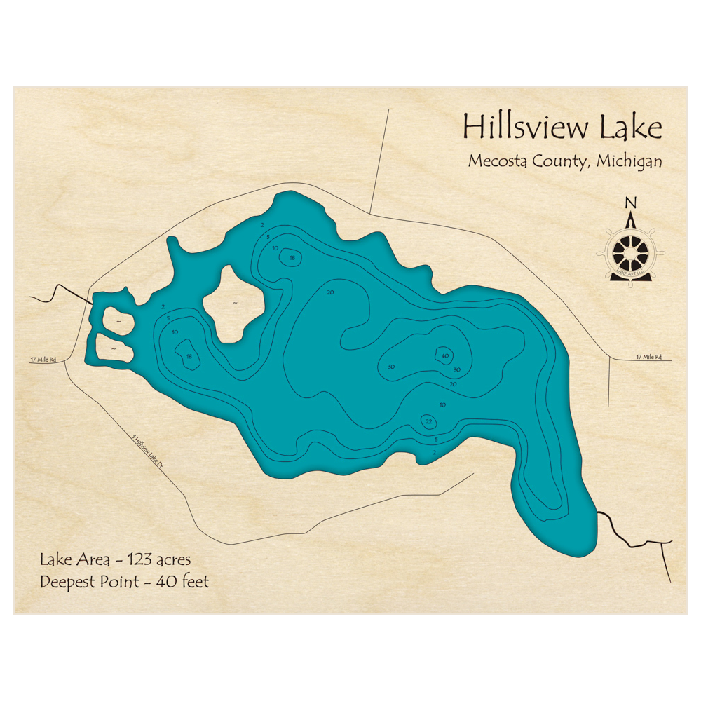 Bathymetric topo map of Hillsview Lake with roads, towns and depths noted in blue water