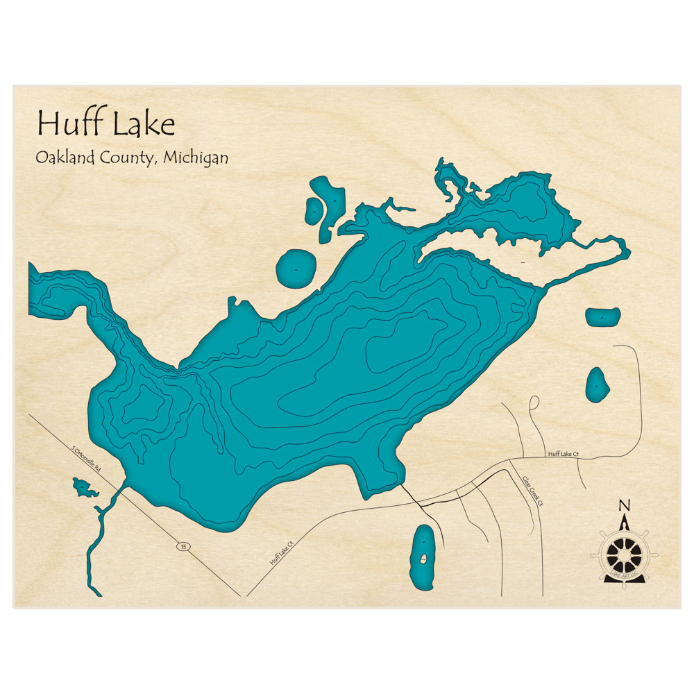 Bathymetric topo map of Huff Lake  with roads, towns and depths noted in blue water
