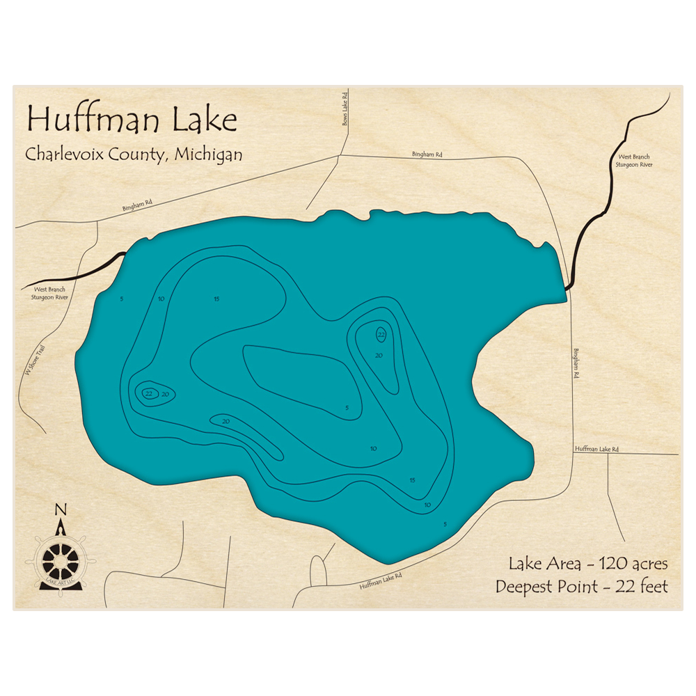 Bathymetric topo map of Huffman Lake with roads, towns and depths noted in blue water