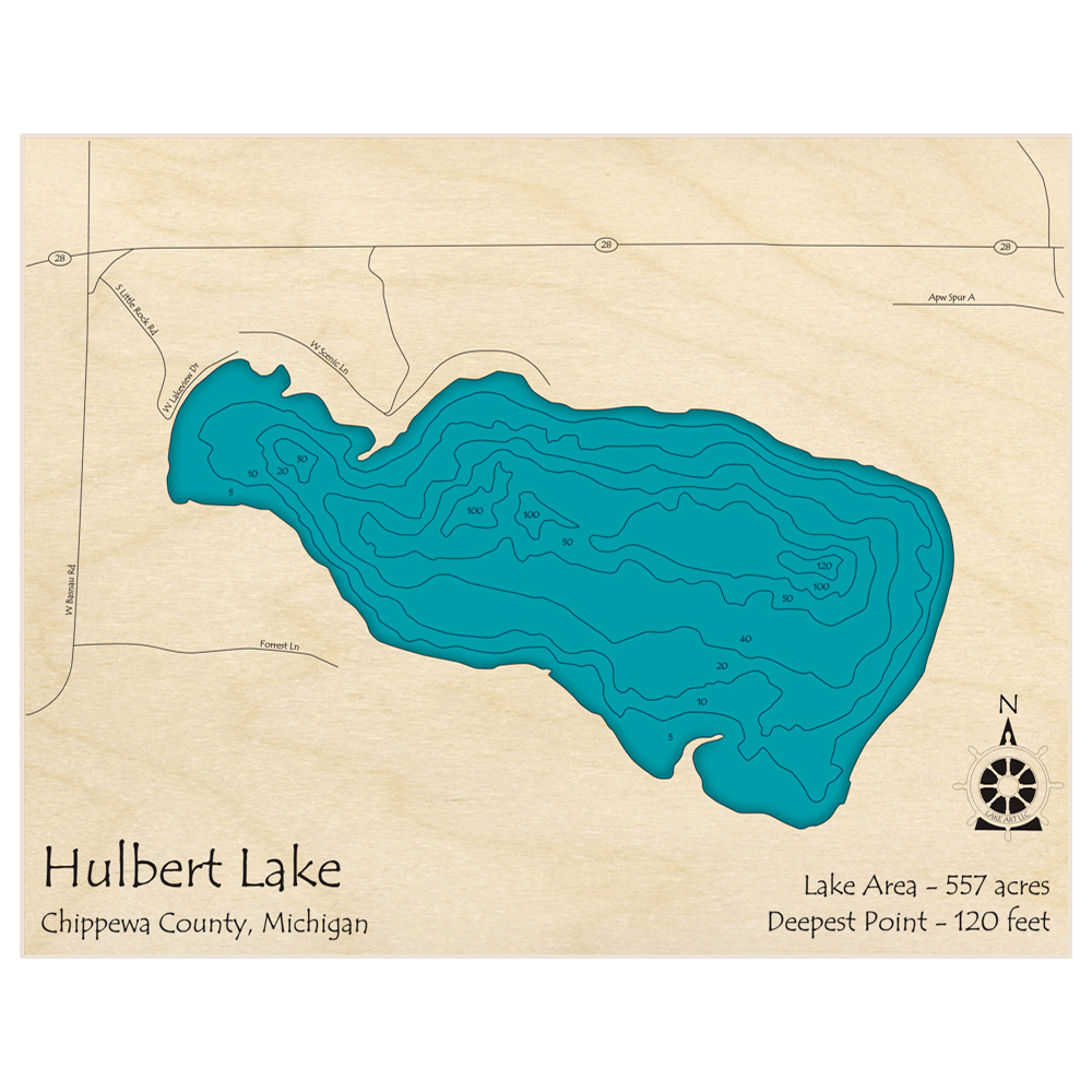 Bathymetric topo map of Hulbert Lake with roads, towns and depths noted in blue water