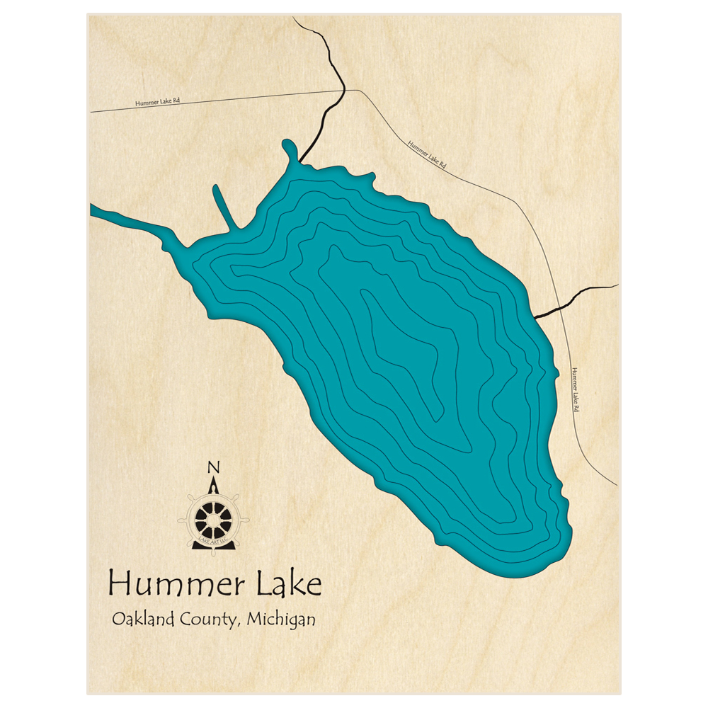 Bathymetric topo map of Hummer Lake  with roads, towns and depths noted in blue water