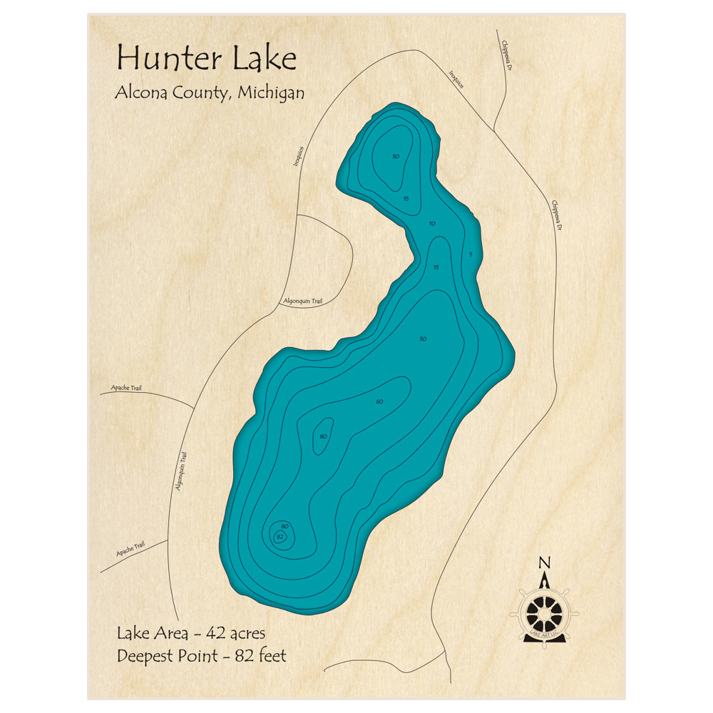 Bathymetric topo map of Hunter Lake with roads, towns and depths noted in blue water