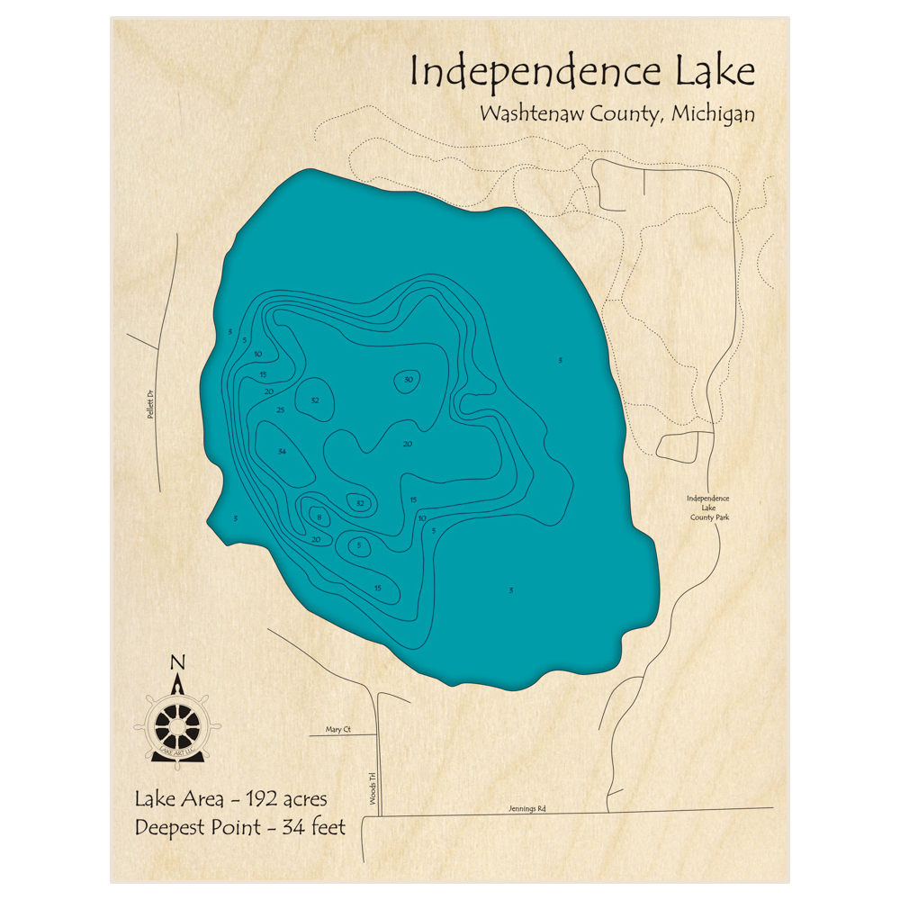Bathymetric topo map of Independence Lake with roads, towns and depths noted in blue water