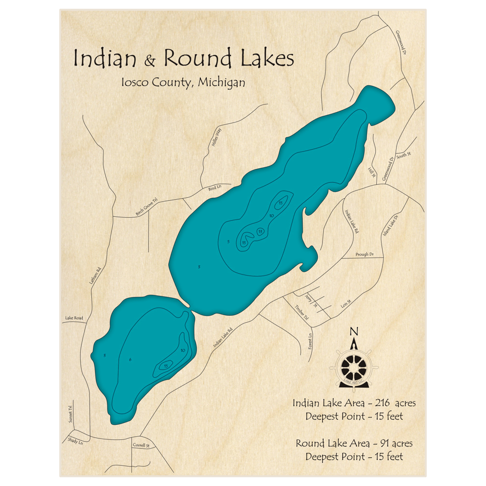 Bathymetric topo map of Indian Lake (With Round Lake) with roads, towns and depths noted in blue water