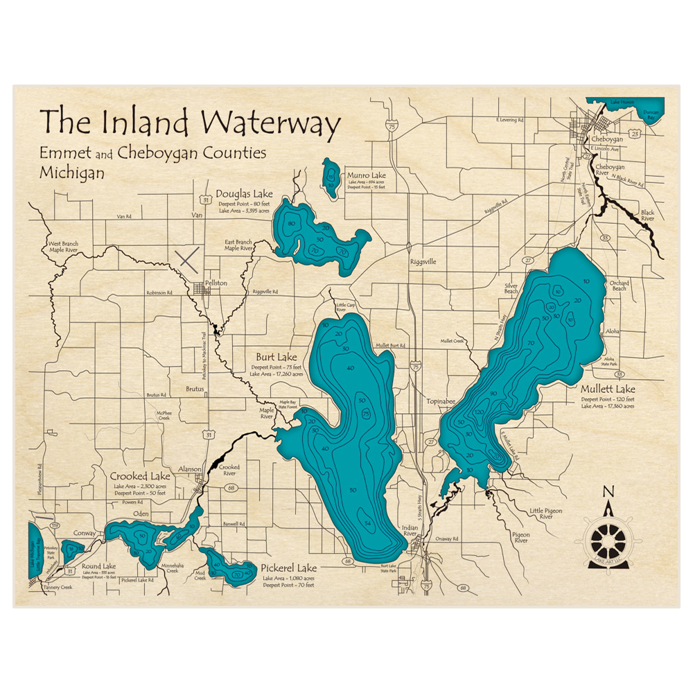 Bathymetric topo map of Inland Waterway with roads, towns and depths noted in blue water