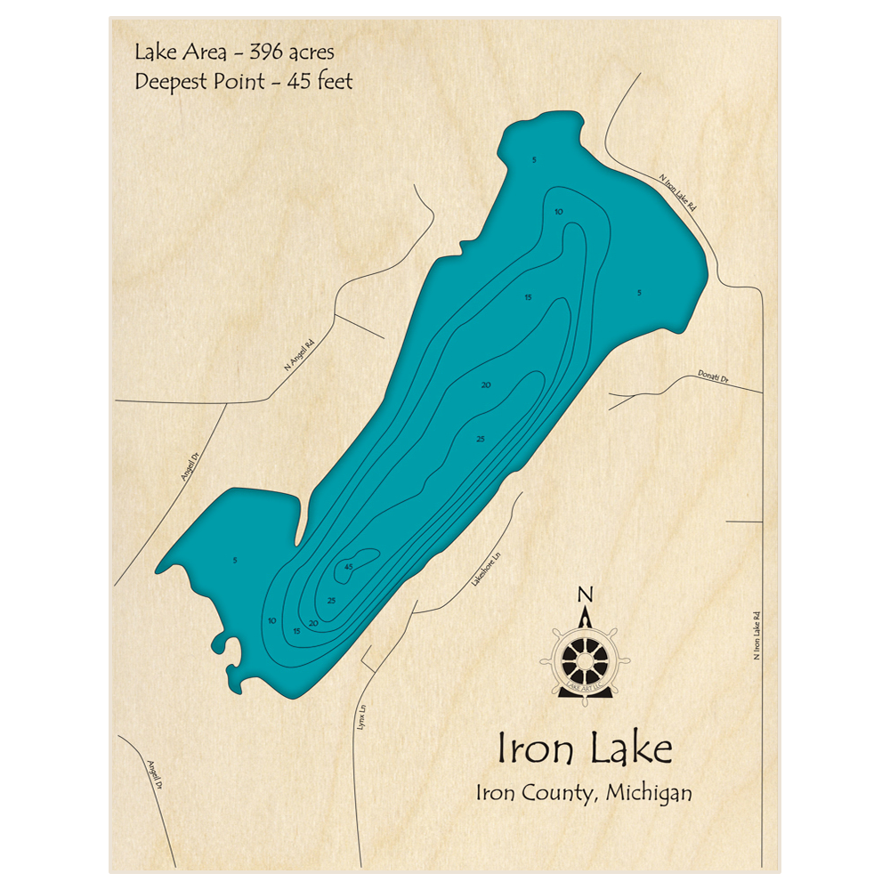 Bathymetric topo map of Iron Lake with roads, towns and depths noted in blue water