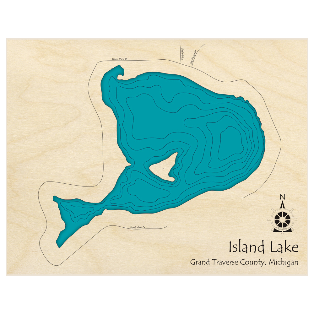 Bathymetric topo map of Island Lake  with roads, towns and depths noted in blue water