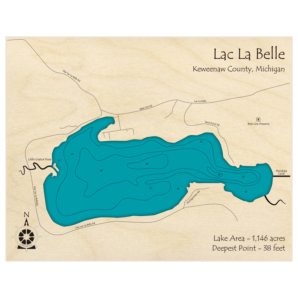 Bathymetric topo map of Lac La Belle with roads, towns and depths noted in blue water