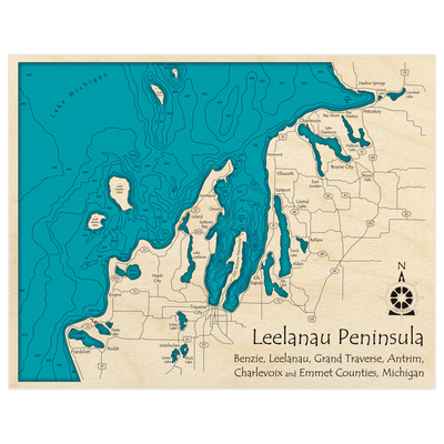 Bathymetric topo map of Leelanau Peninsula (Harbor Springs to Frankfort) with roads, towns and depths noted in blue water
