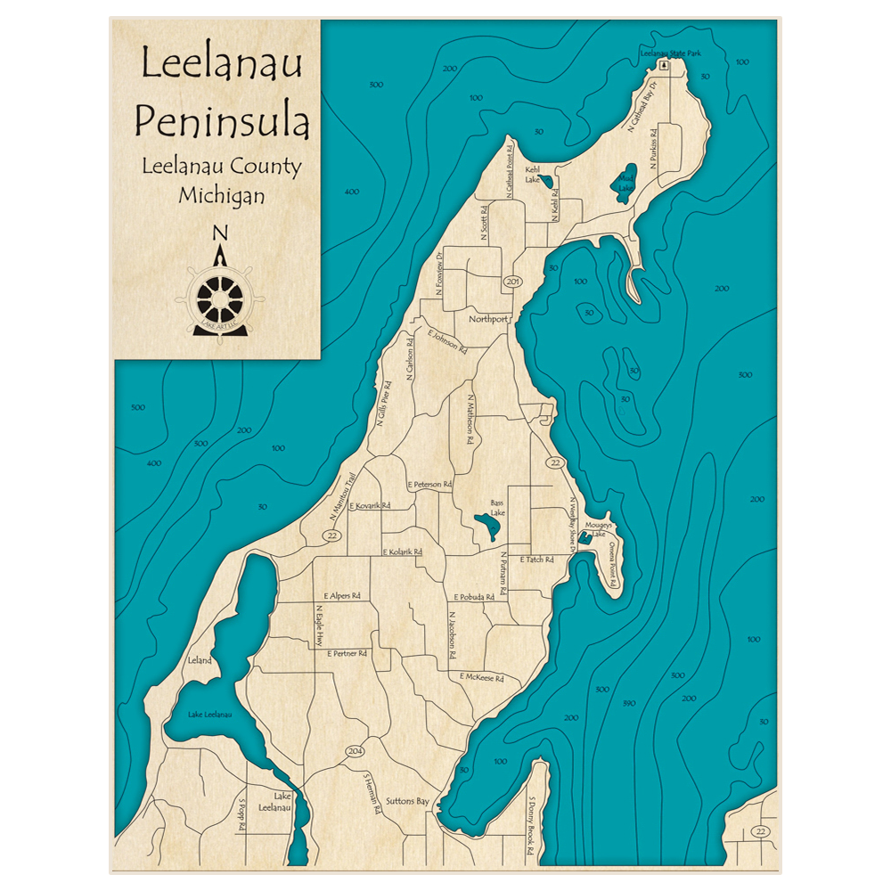 Bathymetric topo map of Leelanau Peninsula with roads, towns and depths noted in blue water