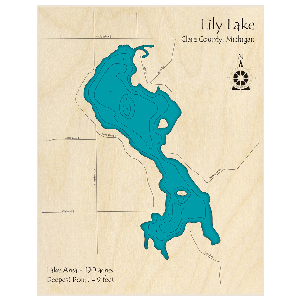 Bathymetric topo map of Lily Lake with roads, towns and depths noted in blue water