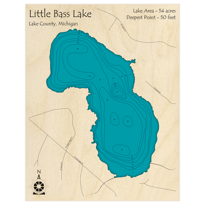 Bathymetric topo map of Little Bass Lake with roads, towns and depths noted in blue water