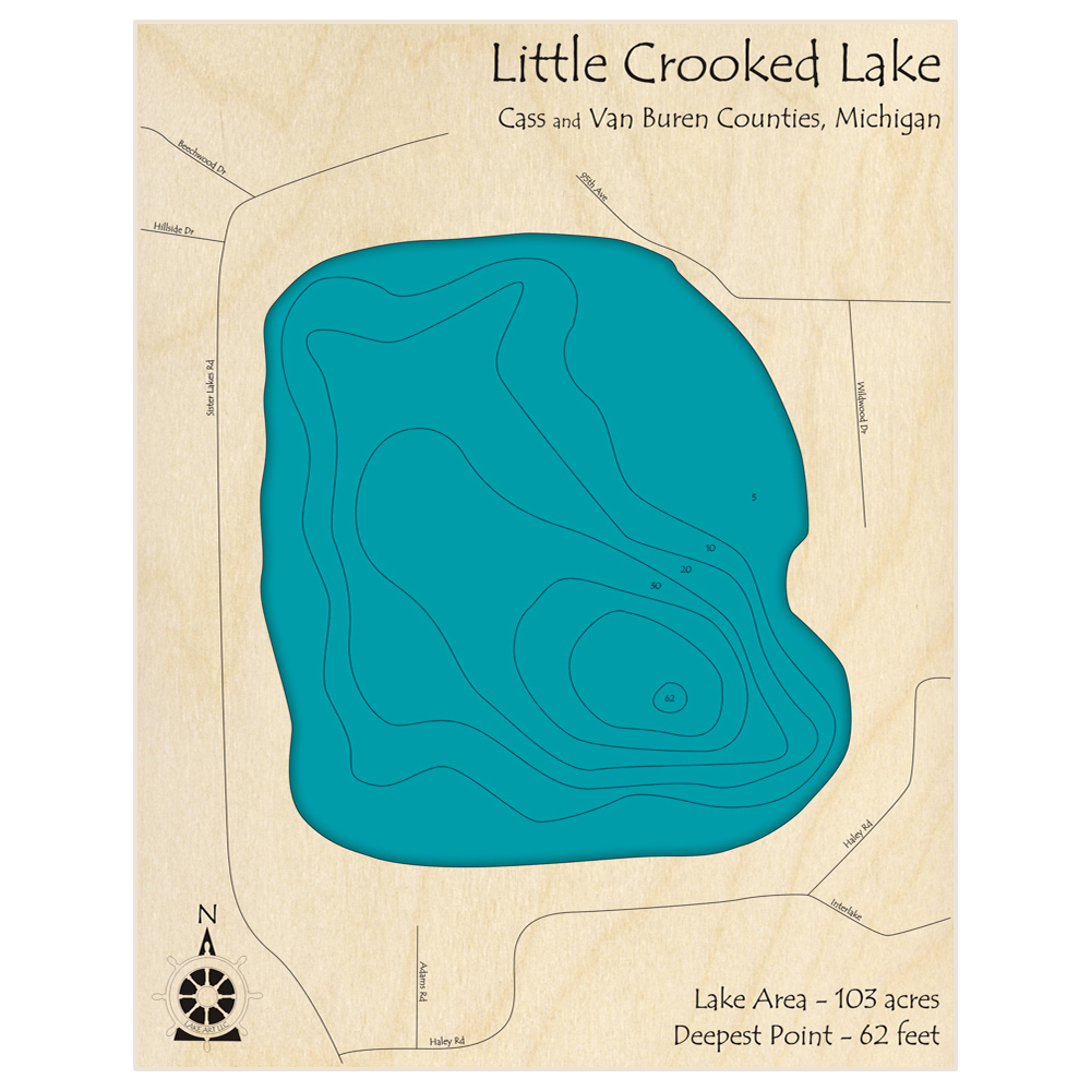 Bathymetric topo map of Little Crooked Lake with roads, towns and depths noted in blue water