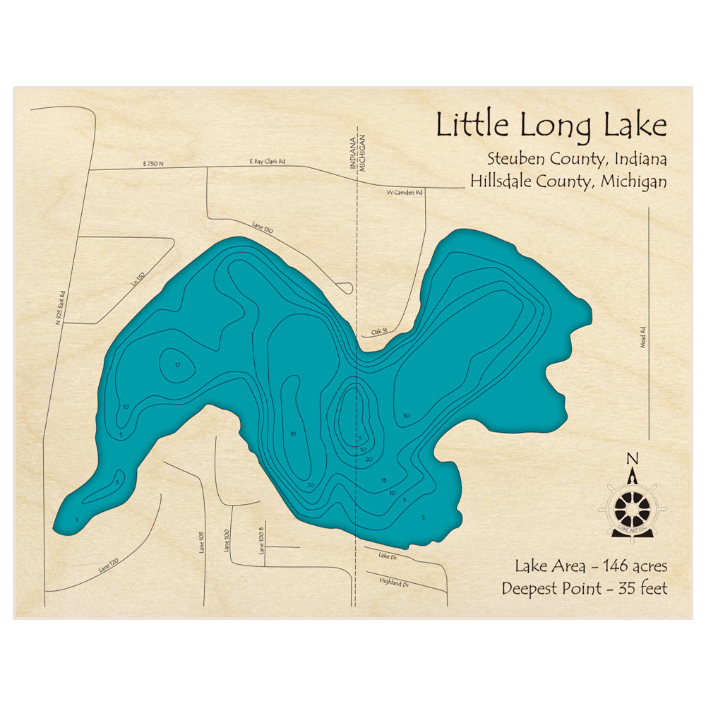 Bathymetric topo map of Little Long Lake with roads, towns and depths noted in blue water