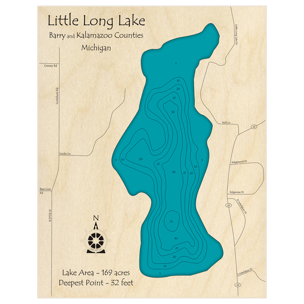Bathymetric topo map of Little Long Lake with roads, towns and depths noted in blue water