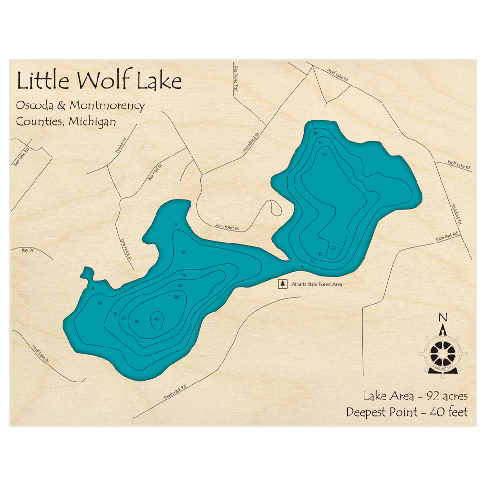 Bathymetric topo map of Little Wolf Lake with roads, towns and depths noted in blue water