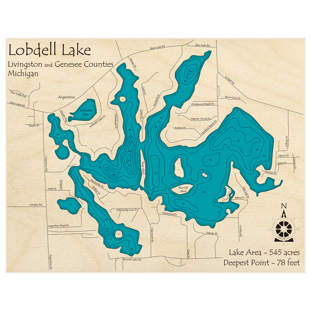 Bathymetric topo map of Lobdell Lake with roads, towns and depths noted in blue water
