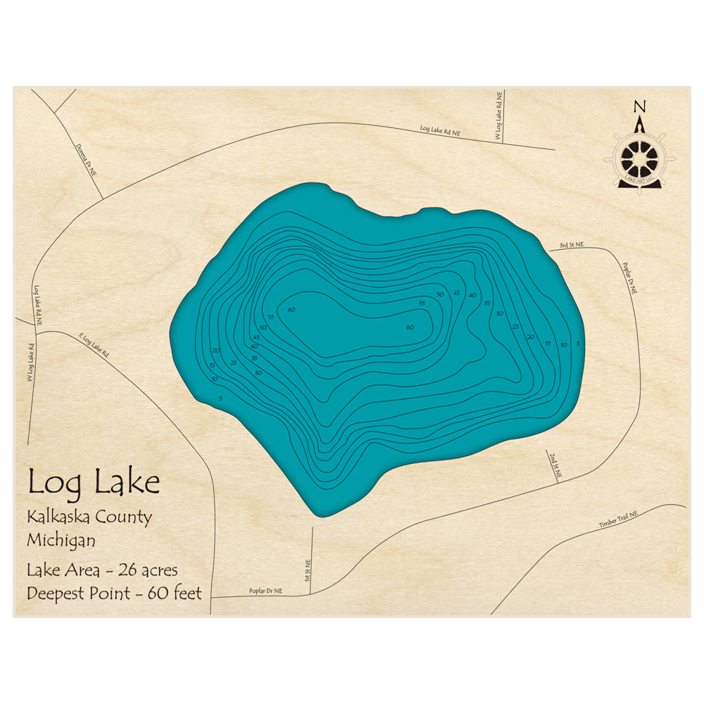 Bathymetric topo map of Log Lake with roads, towns and depths noted in blue water