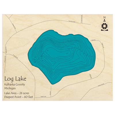 Bathymetric topo map of Log Lake with roads, towns and depths noted in blue water