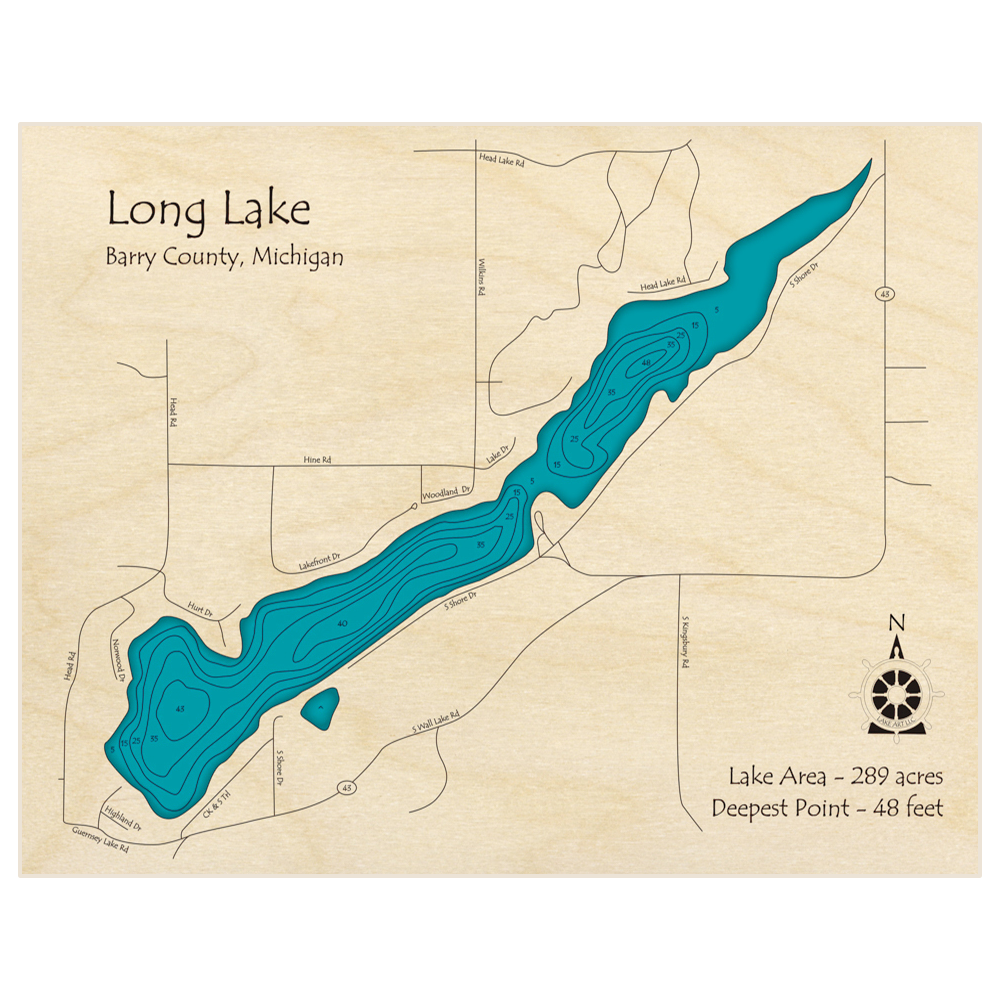 Bathymetric topo map of Long Lake (Near Cloverdale Lake) with roads, towns and depths noted in blue water