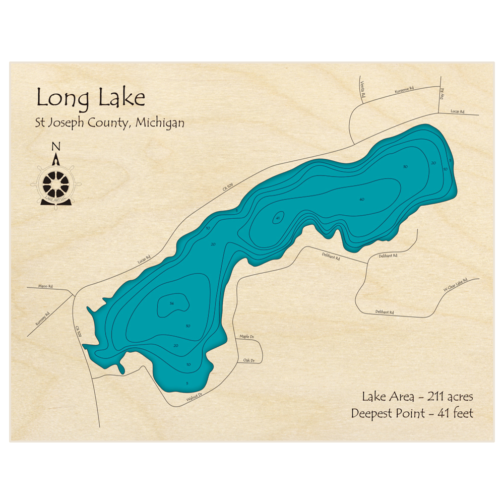 Bathymetric topo map of Long Lake (Fabius Township Region) with roads, towns and depths noted in blue water