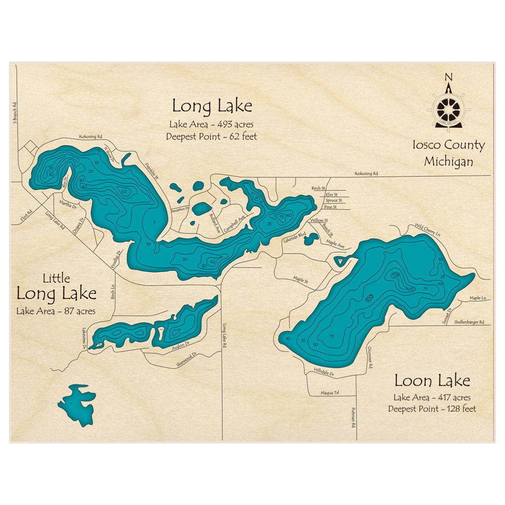 Bathymetric topo map of Long Lake (with Loon and Little Long) with roads, towns and depths noted in blue water