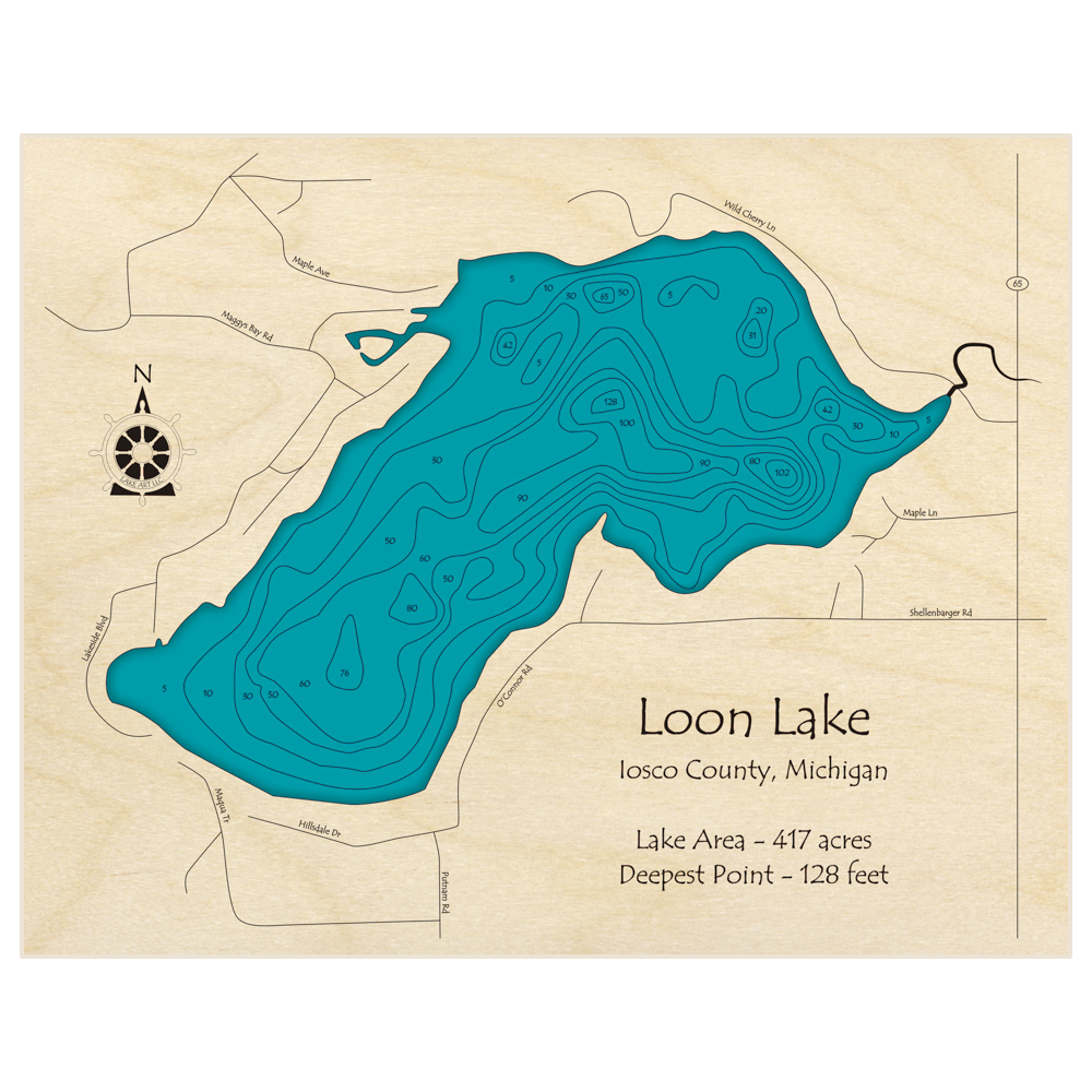 Bathymetric topo map of Loon Lake with roads, towns and depths noted in blue water
