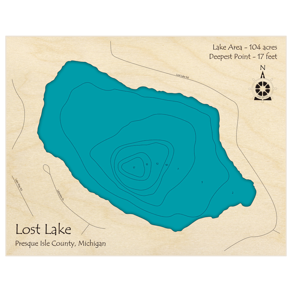 Bathymetric topo map of Lost Lake with roads, towns and depths noted in blue water