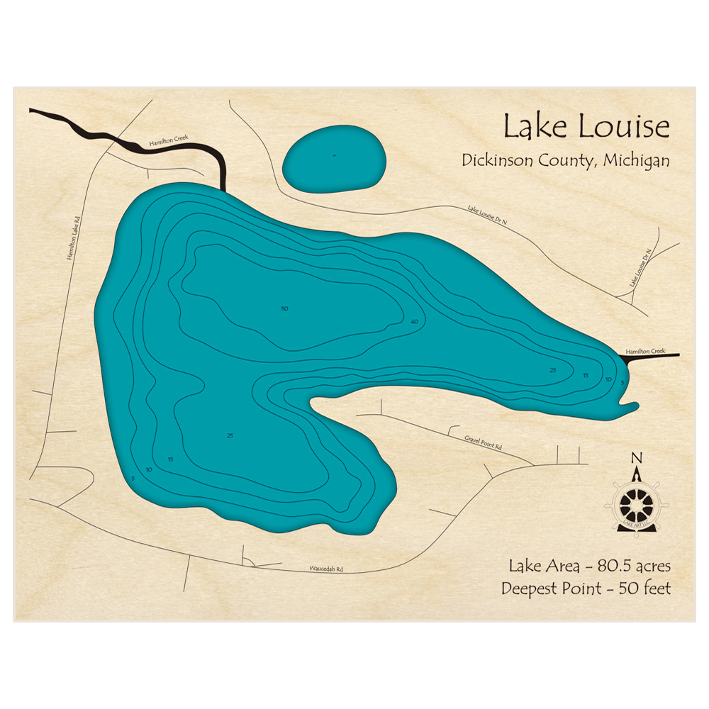 Bathymetric topo map of Lake Louise with roads, towns and depths noted in blue water