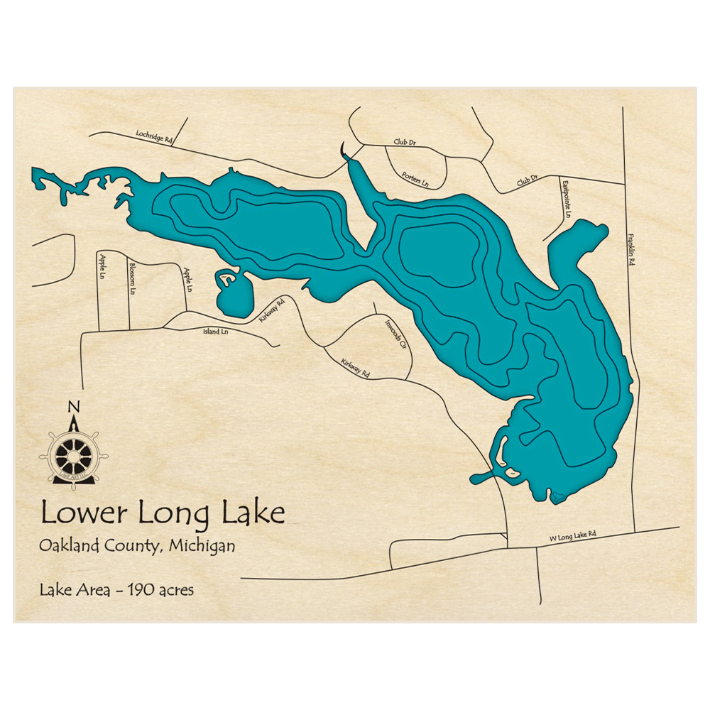 Bathymetric topo map of Lower Long Lake  with roads, towns and depths noted in blue water