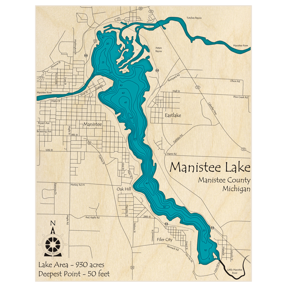Bathymetric topo map of Manistee Lake with roads, towns and depths noted in blue water