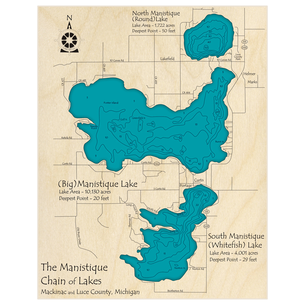 Bathymetric topo map of Manistique Chain of Lakes with roads, towns and depths noted in blue water