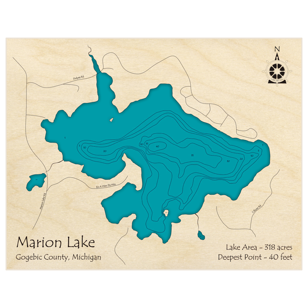 Bathymetric topo map of Marion Lake with roads, towns and depths noted in blue water